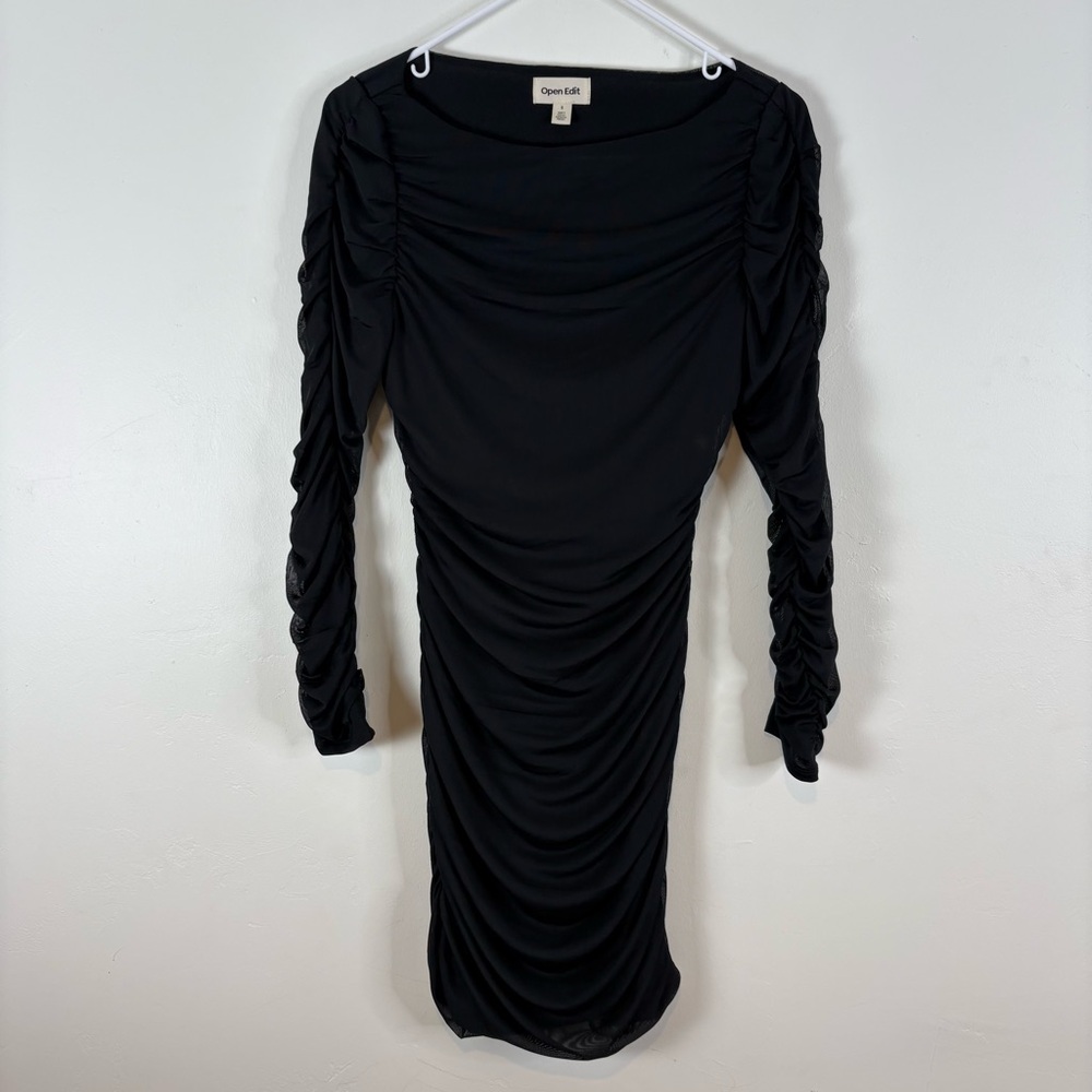 Open Edit Nordstrom And Ruched Mesh Mini Dress Size Small Black Long Sleeve